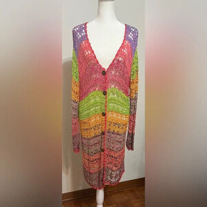 Mango Moon Handmade Open Knit Silk & Rayon Rainbow Cardigan Sweater Large